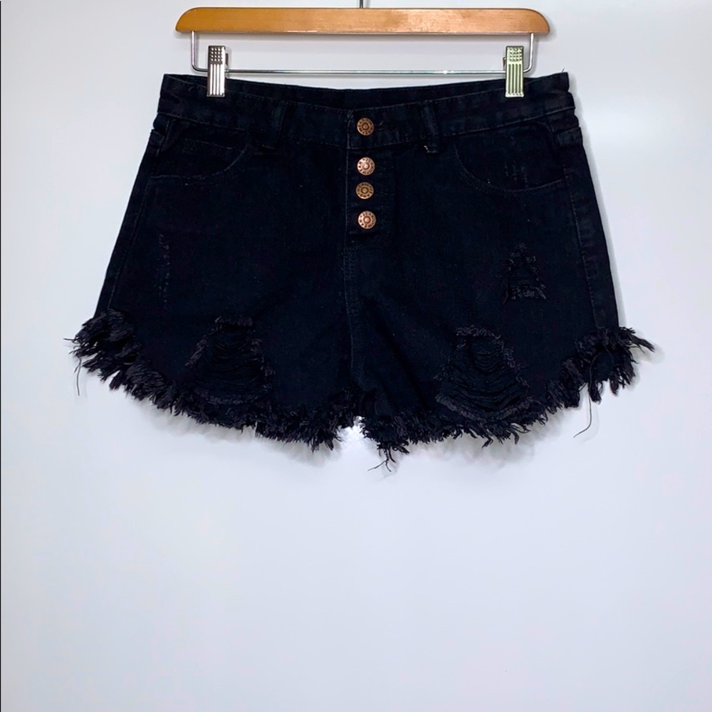 JEANS WEAR Black Ripped Denim Button Fly Shorts